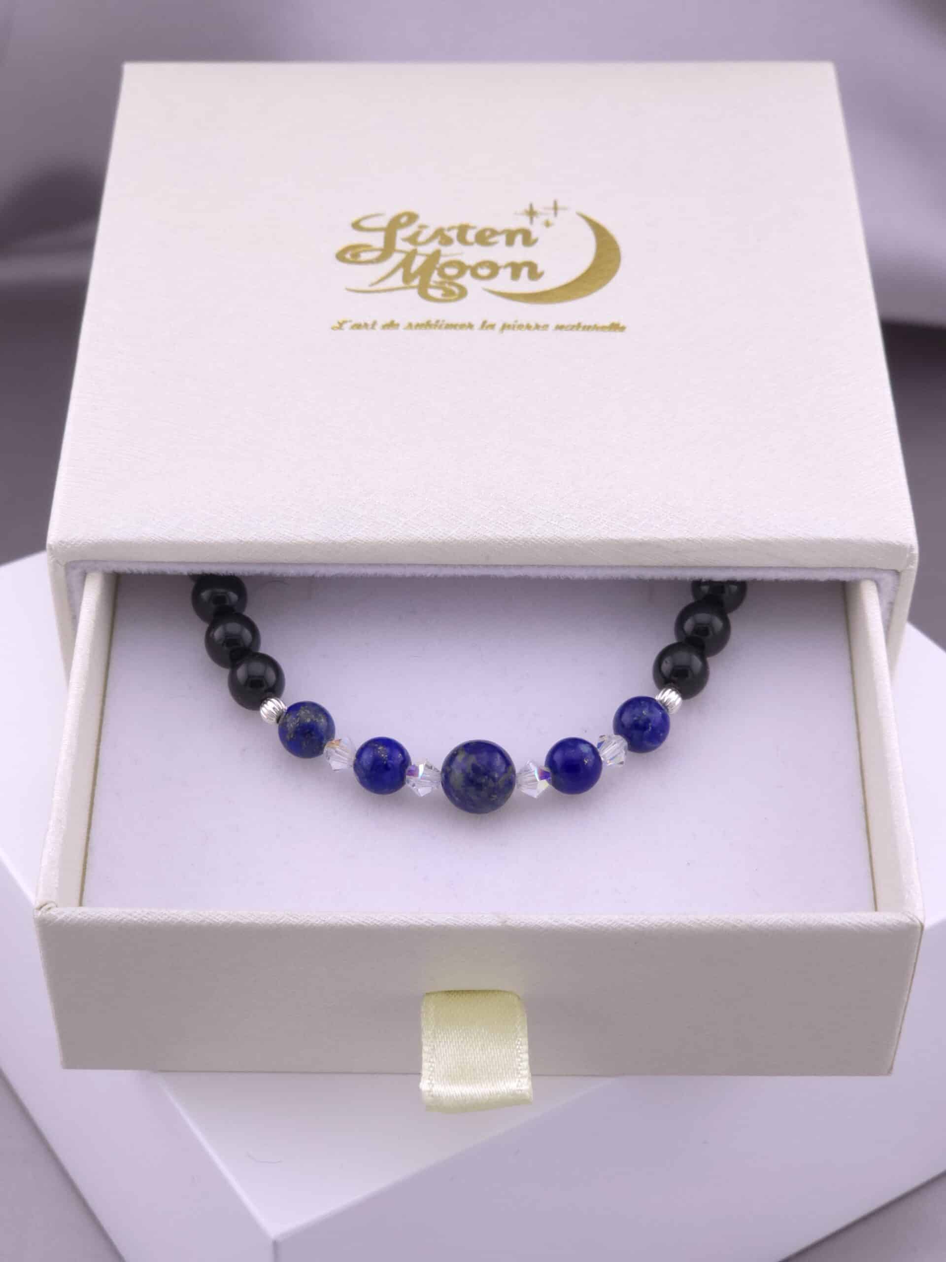 Bracelet en argent 925, Tourmaline Noire, Lapis Lazuli et Perles en Cristaux