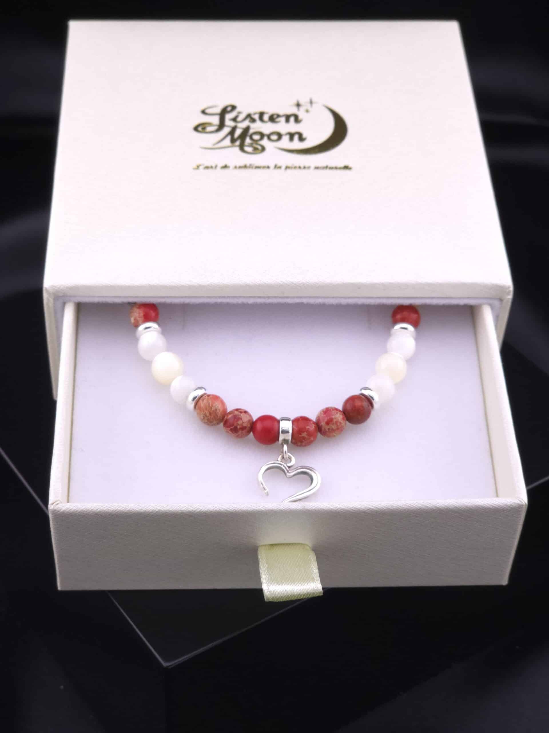 Bracelet en argent 925 en Jaspe Rouge Impérial et Nacre avec Breloque Cœur.