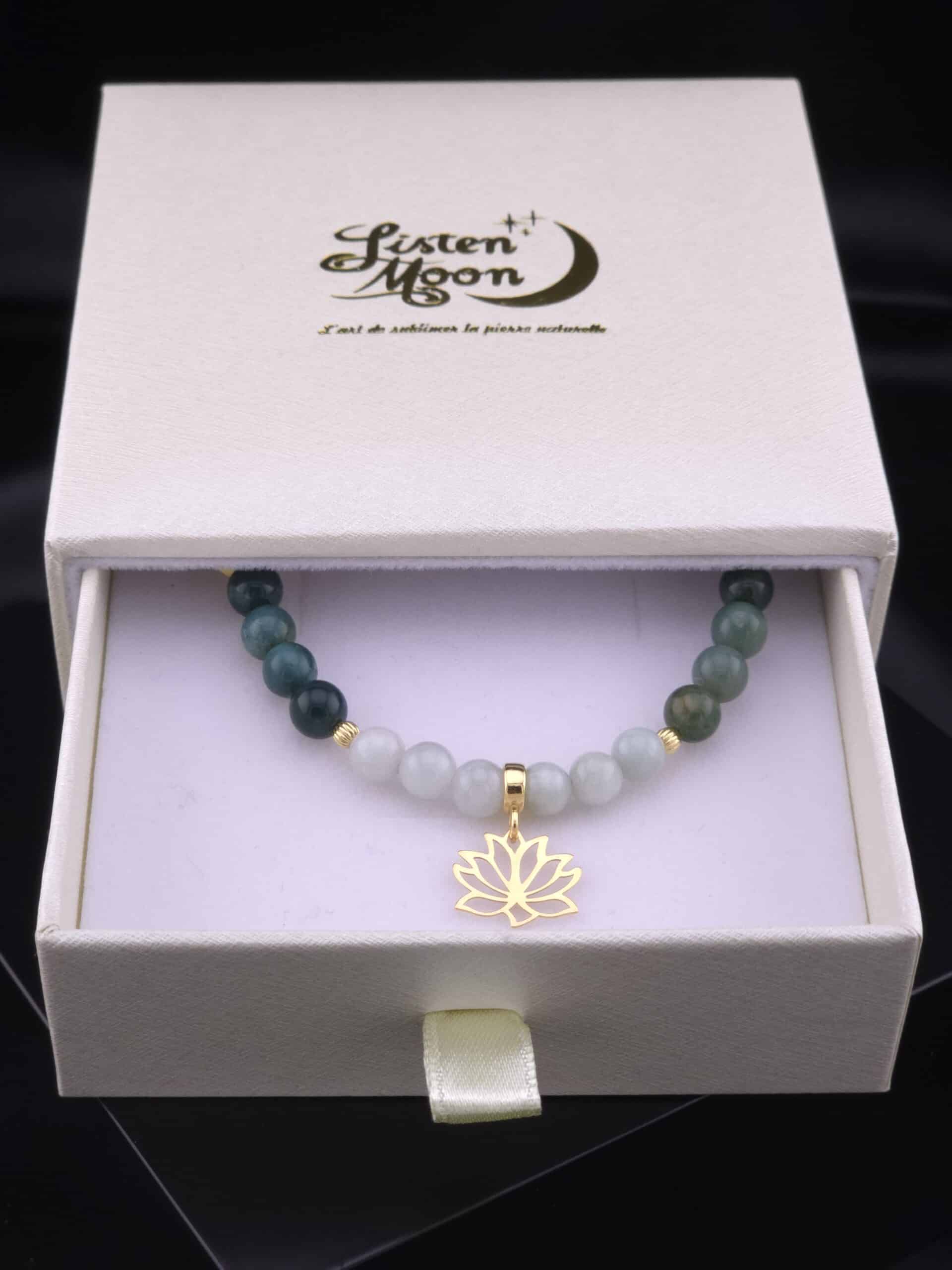 Bracelet en argent 925 doré à l’or fin, Agate Mousse et Jade de Birmanie avec breloque Fleur de Lotus.