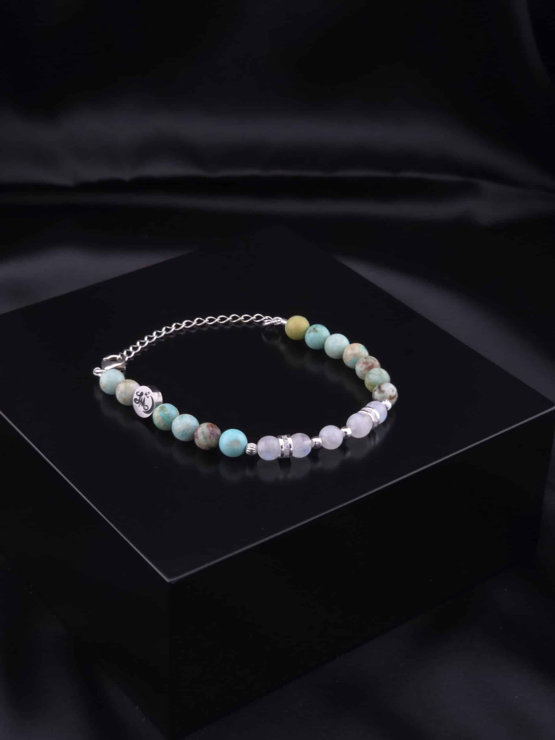 Bracelet en argent 925, Turquoise du Pérou et Labradorite Blanche.