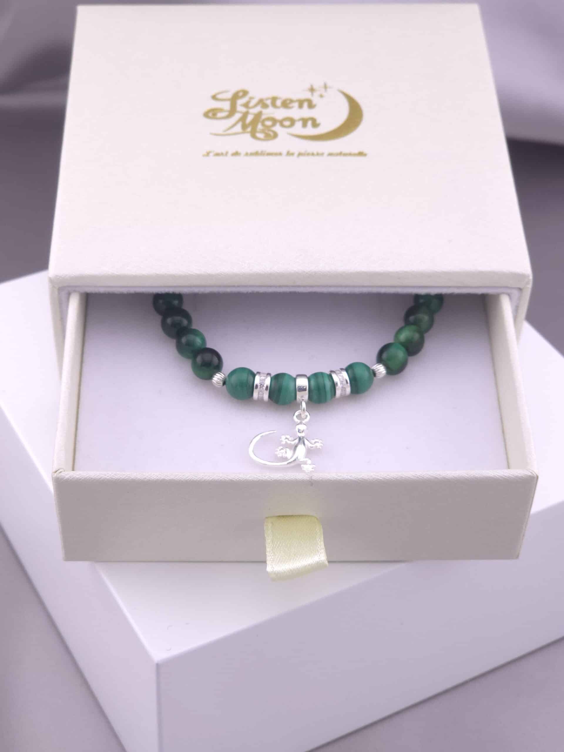 Bracelet en argent 925, Œil de Tigre Vert et Malachite avec Breloque Lézard