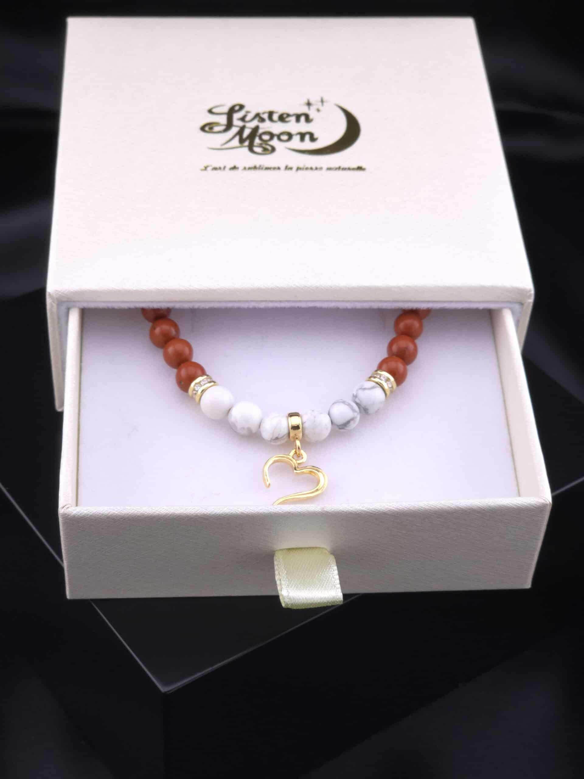 Bracelet en argent 925 doré à l’or fin, Jaspe Rouge et Howlite avec Breloque Cœur