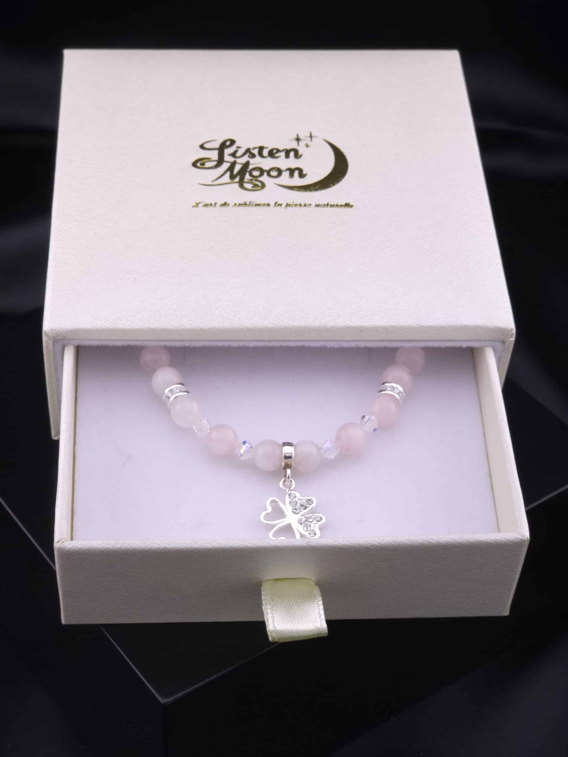 Bracelet en Argent 925 en Quartz Rose avec Breloque Trèfle Strass et Perles de Cristaux