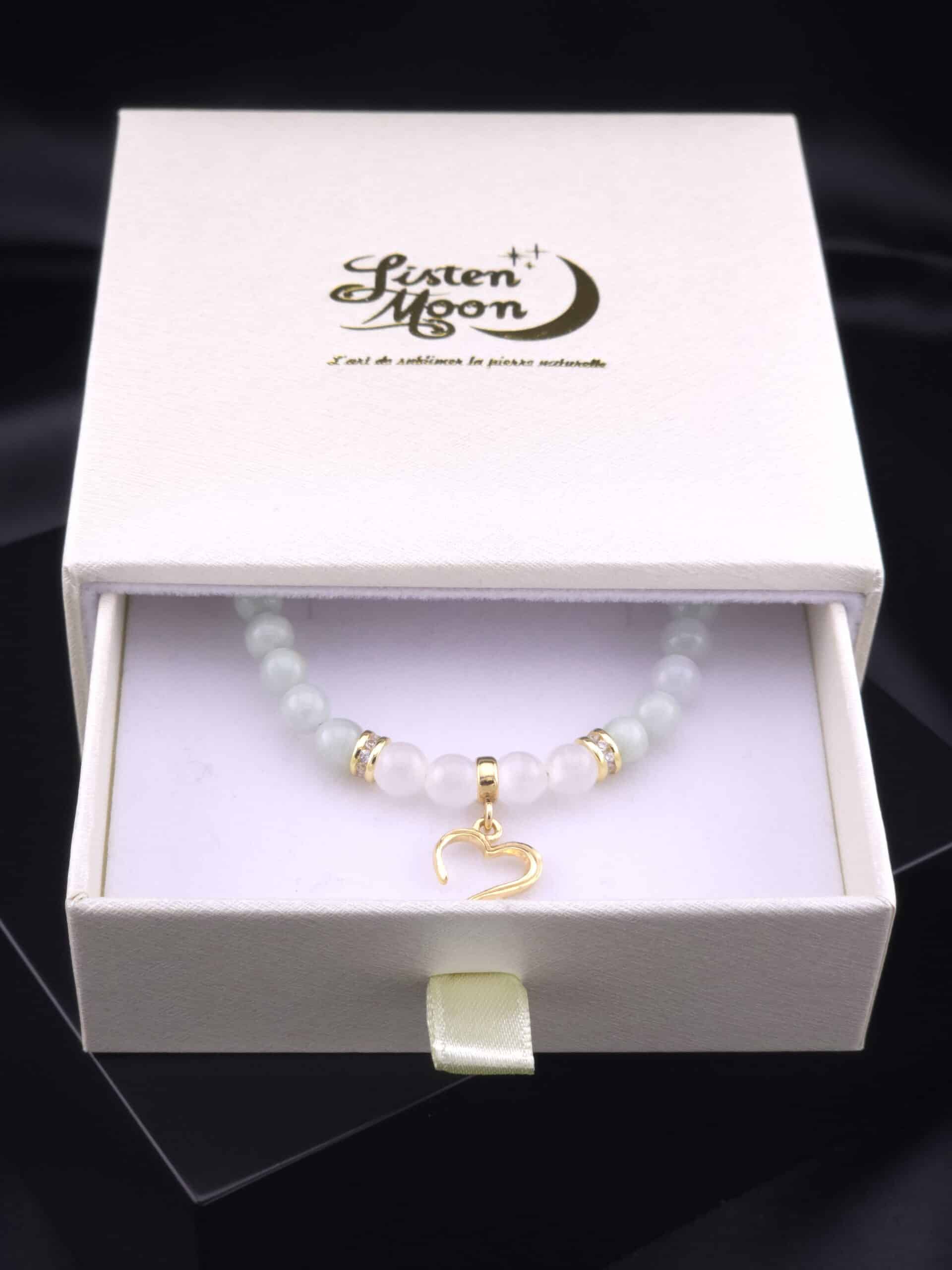 Bracelet en argent 925 Doré à l’Or Fin en Jade de Birmanie et Sélénite avec Breloque Cœur