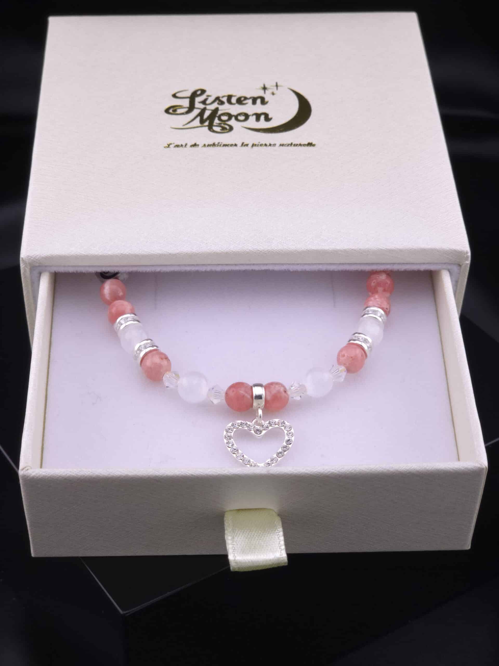 Bracelet en Argent 925, Rhodochrosite, Sélénite et Perles de Cristaux avec Breloque Cœur Strass.