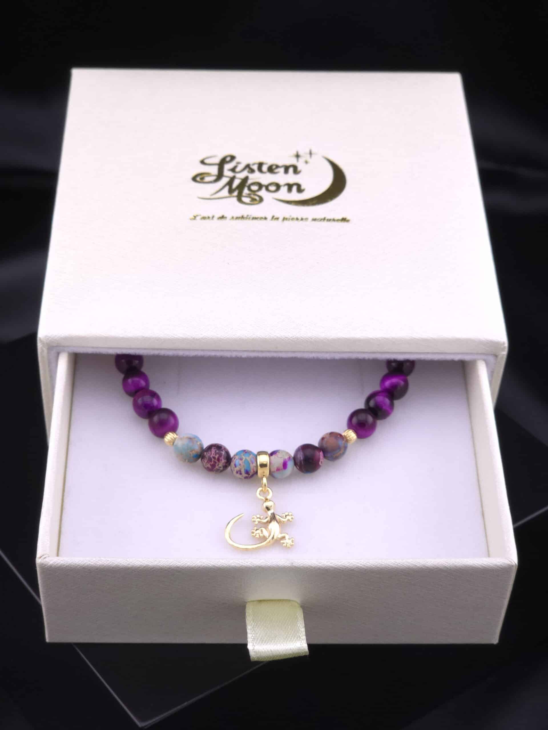 Bracelet en Argent 925 Doré à l’Or Fin, Œil de Tigre Violet et Jaspe Impérial Multicolore avec Breloque Lézard