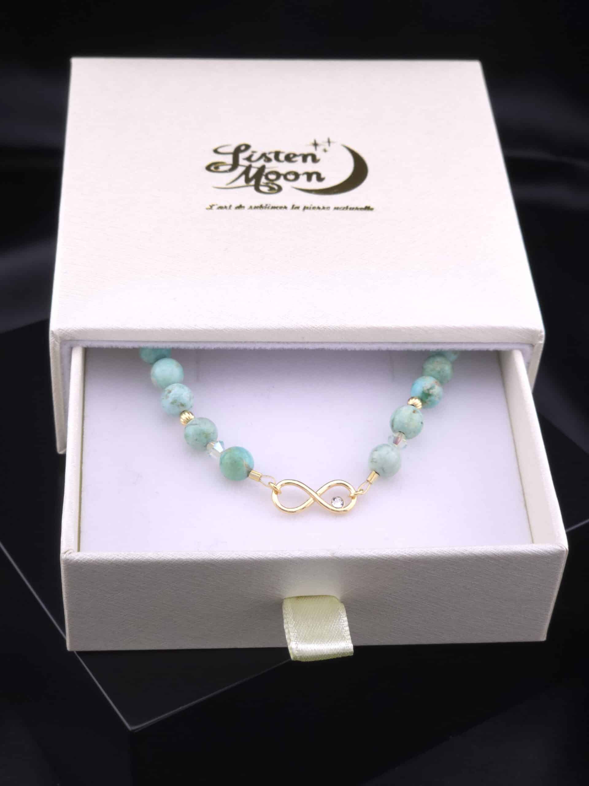 Bracelet en Argent 925 Doré à l’Or Fin, turquoise du Pérou et Perles de Cristaux avec Breloque Infini