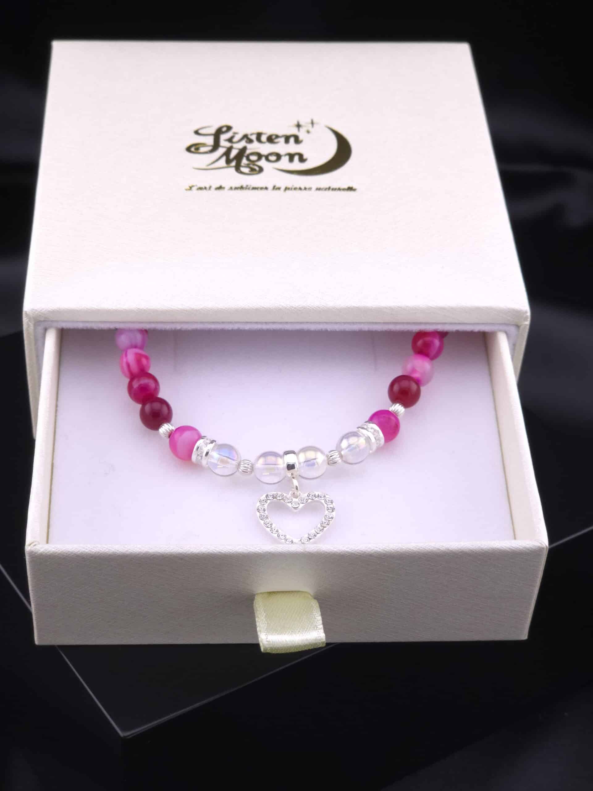 Bracelet en Argent 925, Agate Fuchsia et Aqua Aura avec Breloque Cœur Strass