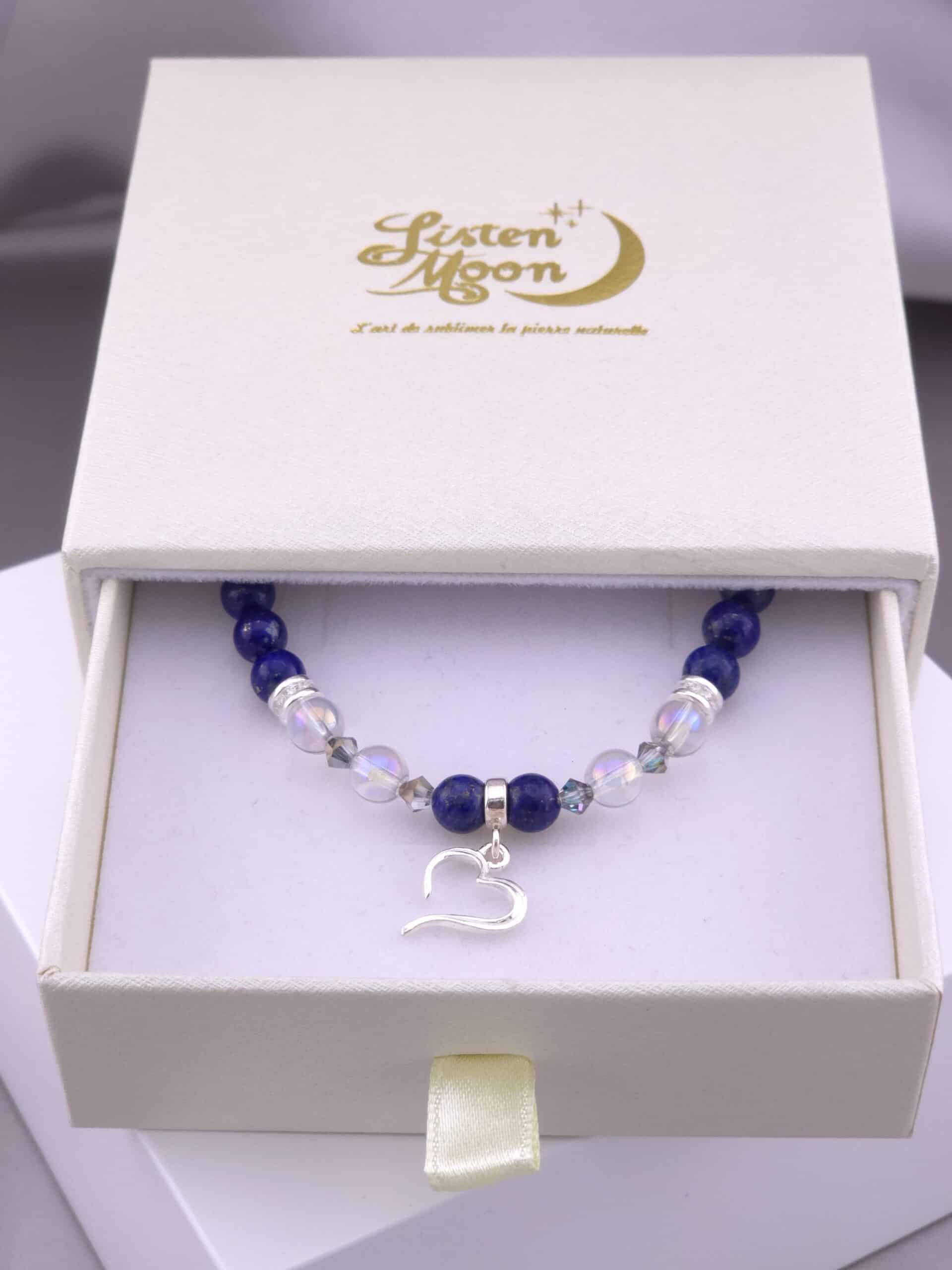 Bracelet en Argent 925, Lapis-Lazuli, Aqua Aura et Perles de Cristaux avec Breloque Cœur