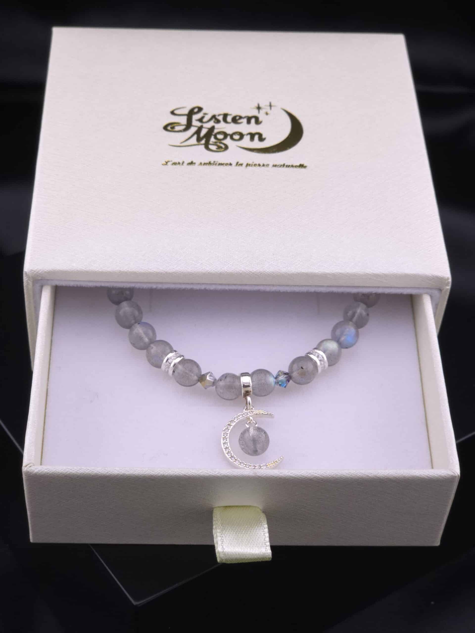 Bracelet en Argent 925, Labradorite, Perles de Cristaux avec Breloque Lune Strass