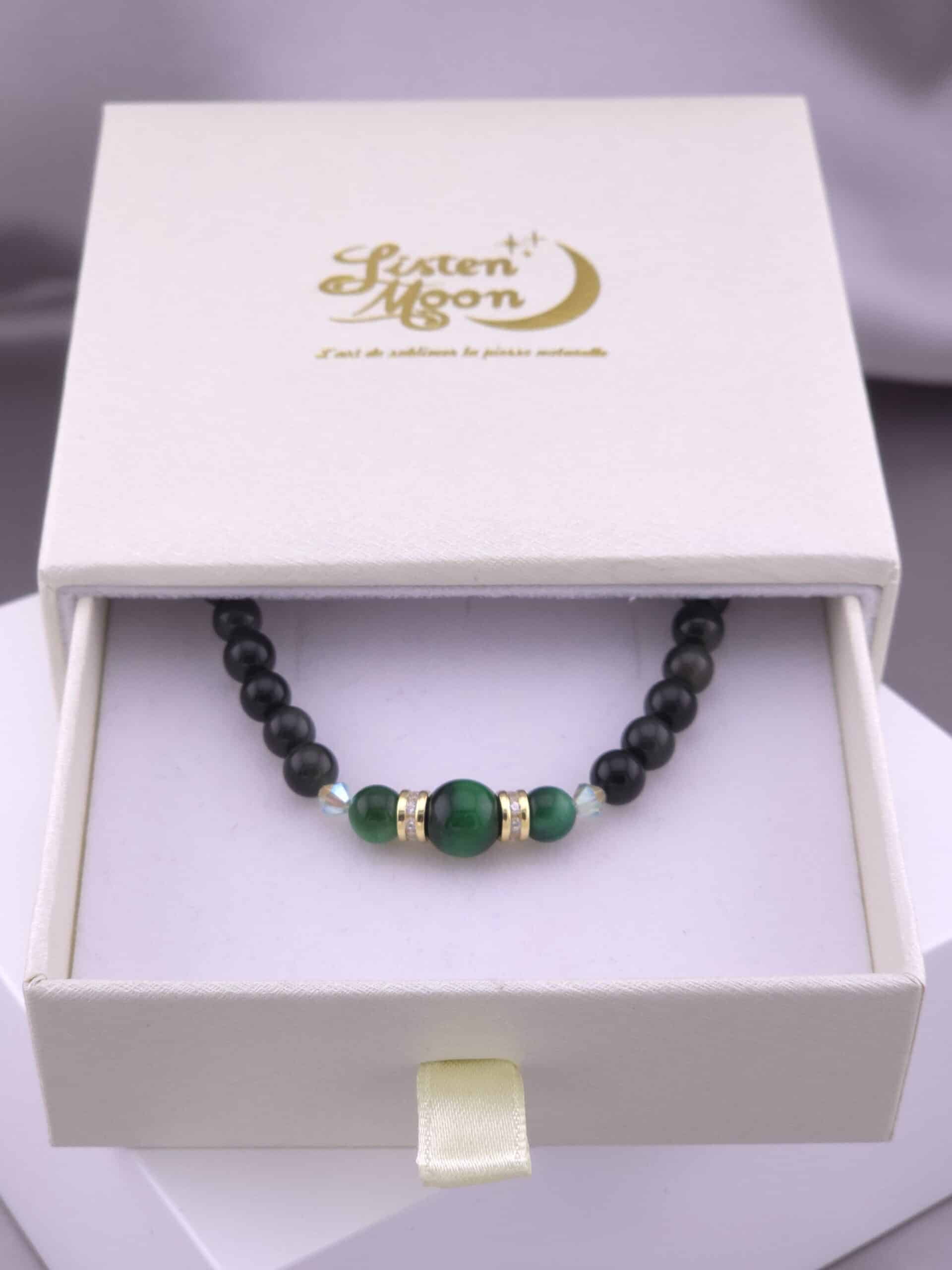 Bracelet en Argent 925 Doré à l’Or Fin, Obsidienne Noire, Œil de Tigre Vert avec Perles de Cristaux