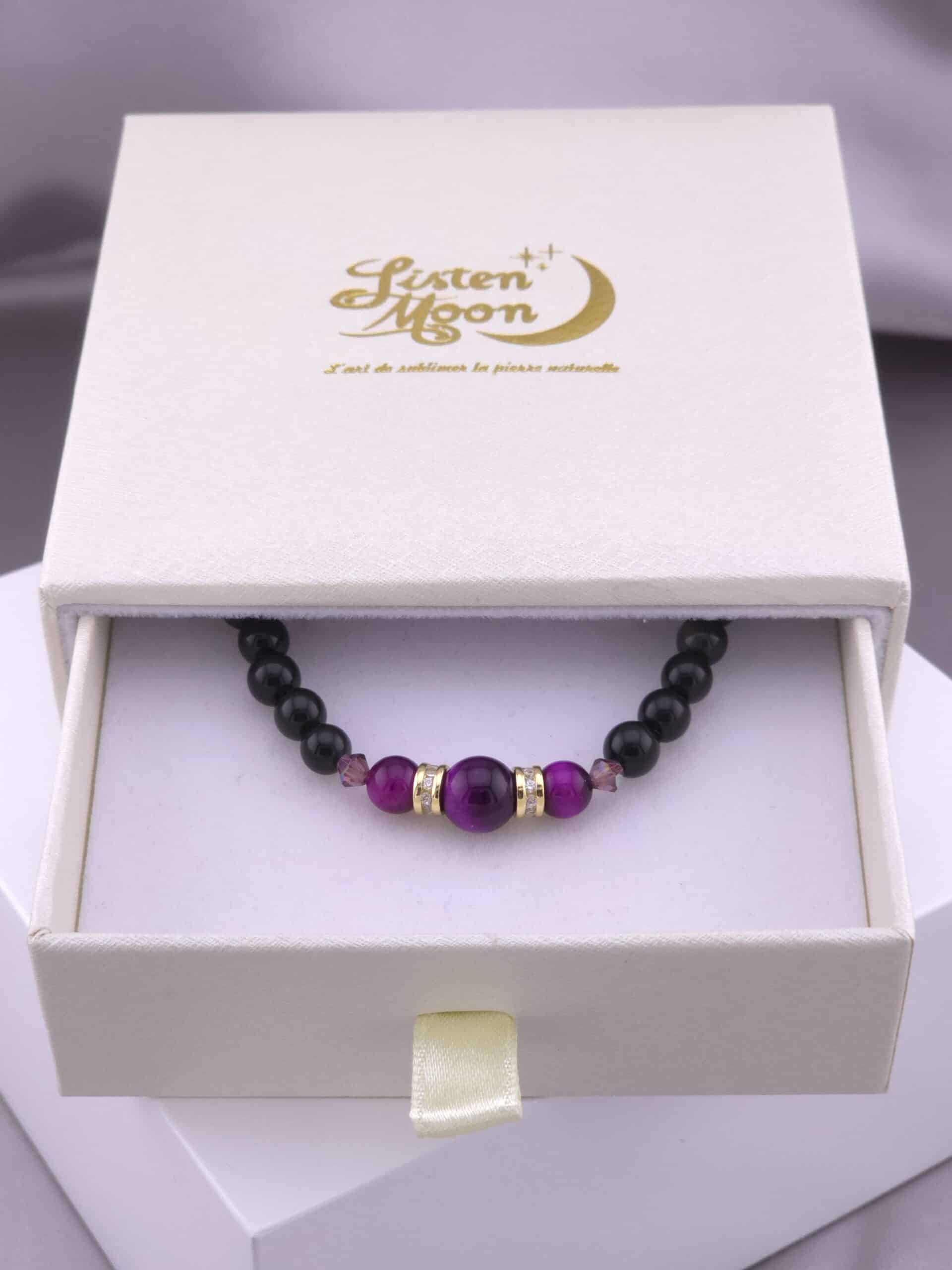 Bracelet en Argent 925 Doré à l’Or Fin, Obsidienne Noire, Œil de Tigre Violet avec Perles de Cristaux