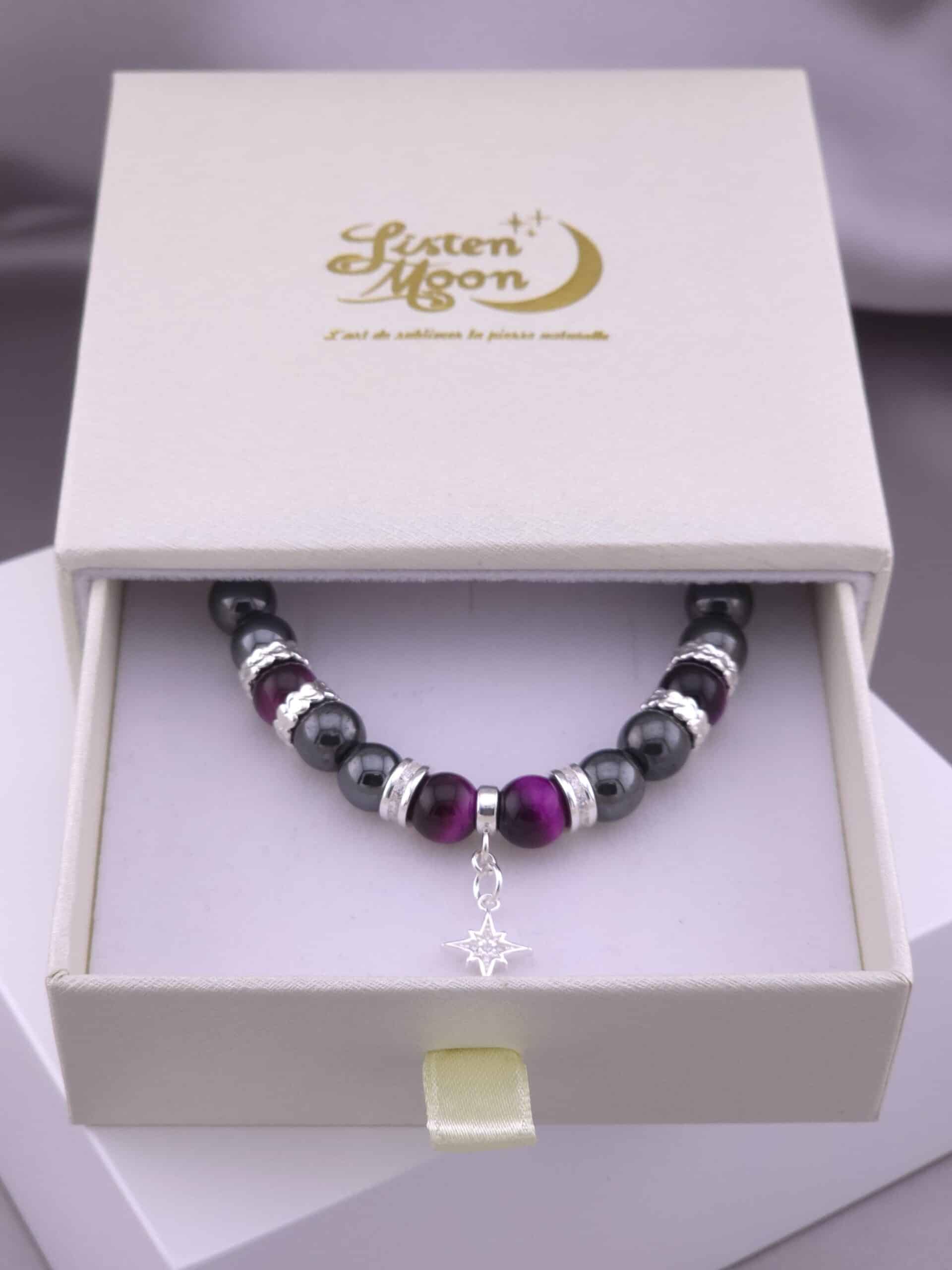 Bracelet en Argent 925, Hématite, Œil de Tigre Violet avec Breloque Étoile Polaire