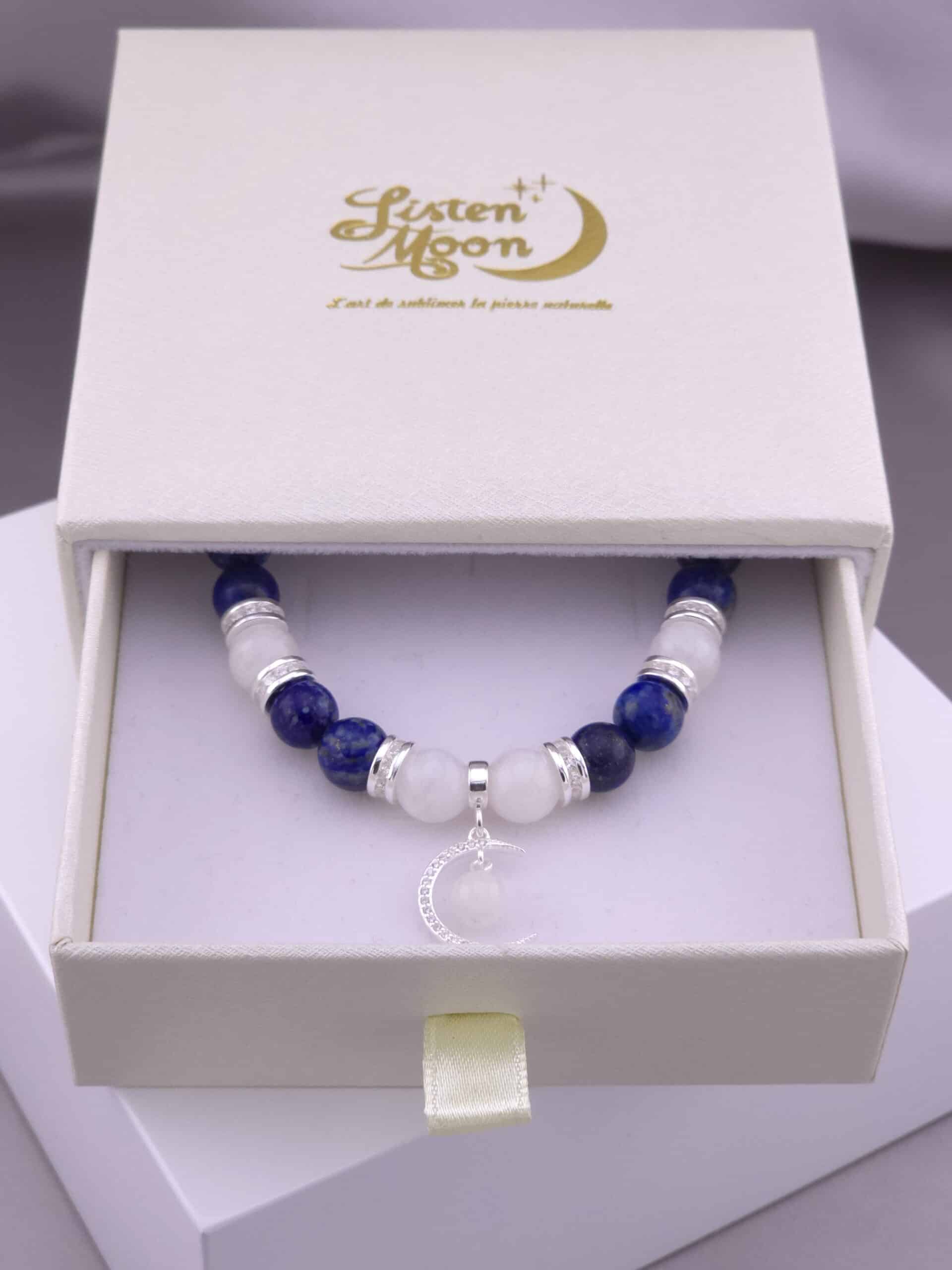 Bracelet en Argent 925, Lapis-Lazuli et Labradorite Blanche avec Breloque Lune