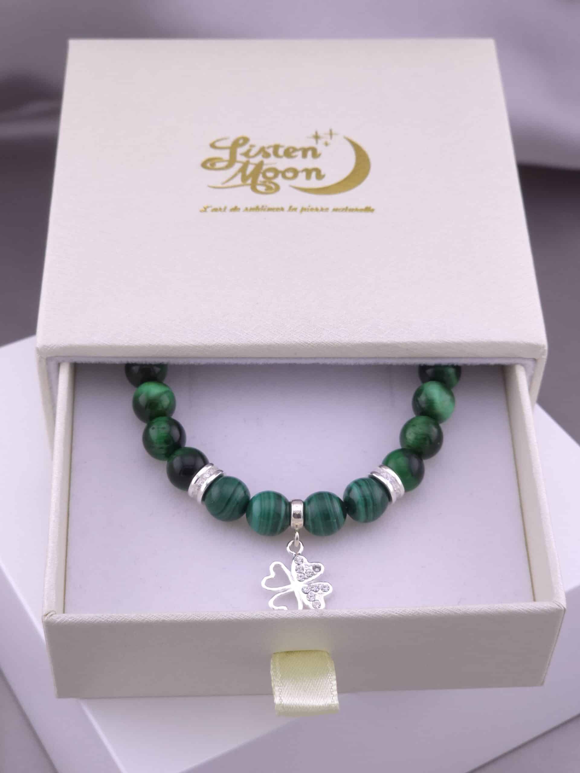 Bracelet en Argent 925, Malachite et Œil de Tigre Vert avec Breloque Trèfle Strass