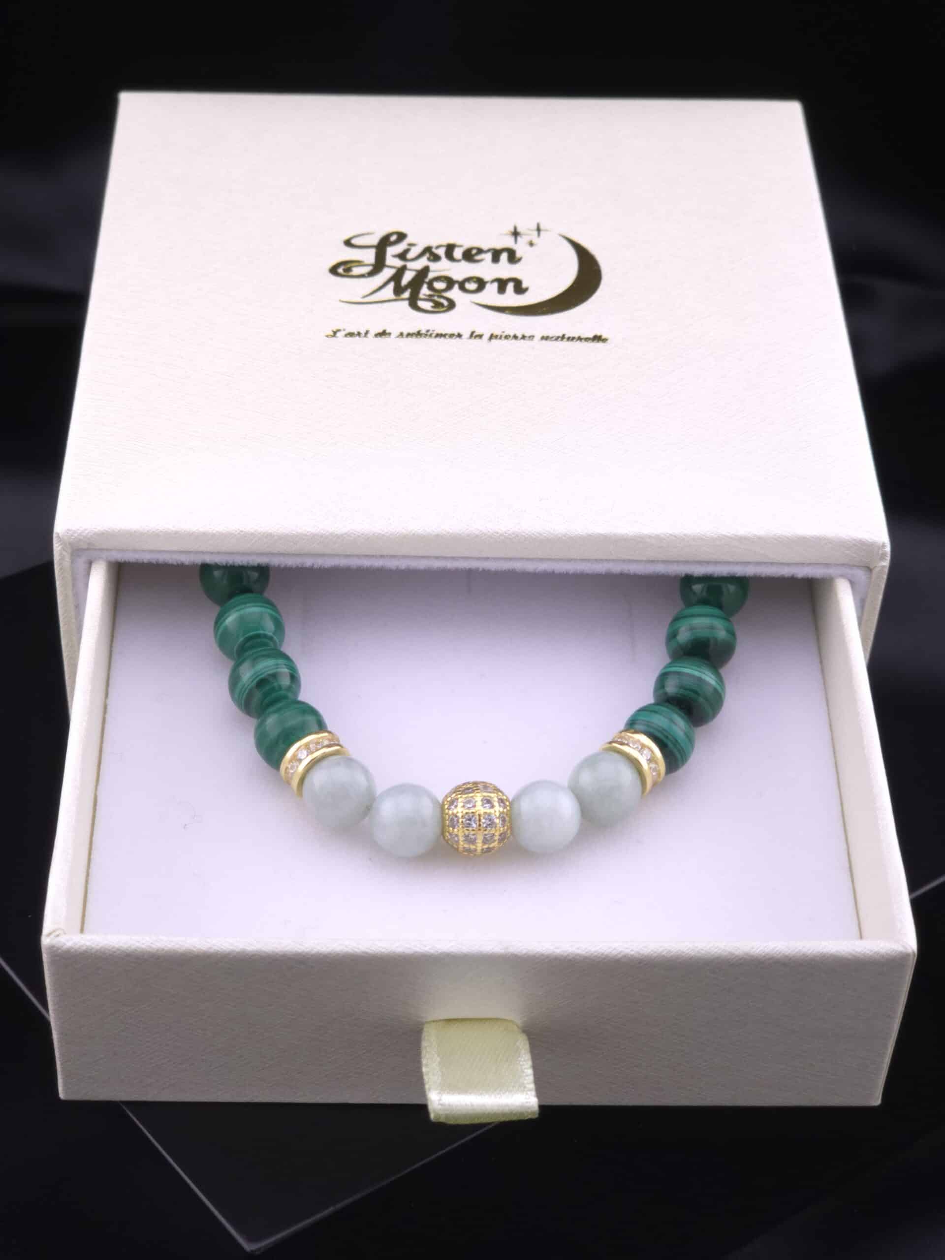 Bracelet en Argent 925 Doré à l’Or Fin, Malachite et Jade de Birmanie avec Breloque Strass