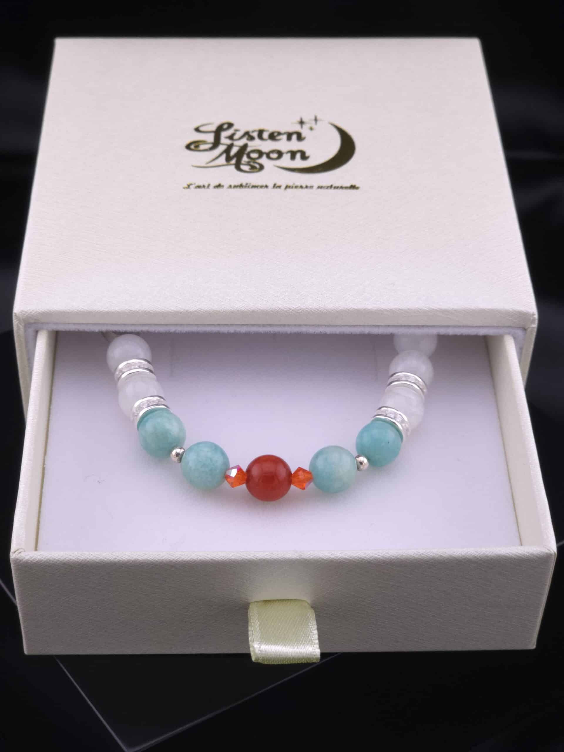 Bracelet en Argent 925, Labradorite Blanche, Amazonite avec Perles en Cristaux et Perle de Corail Centrale