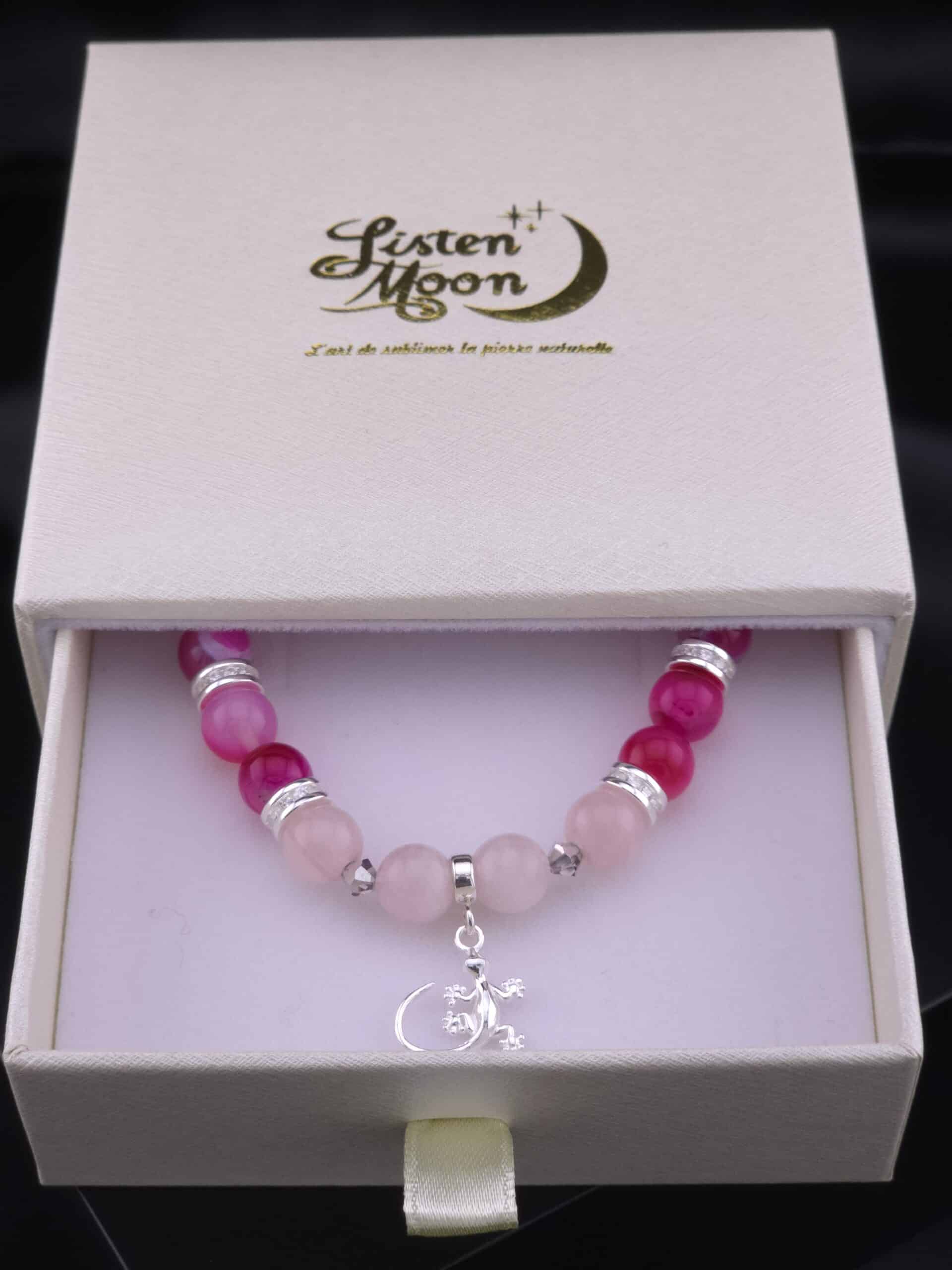 Bracelet en Argent 925, Agate Fuchsia, Quartz Rose avec Perles en Cristaux et Breloque Lézard