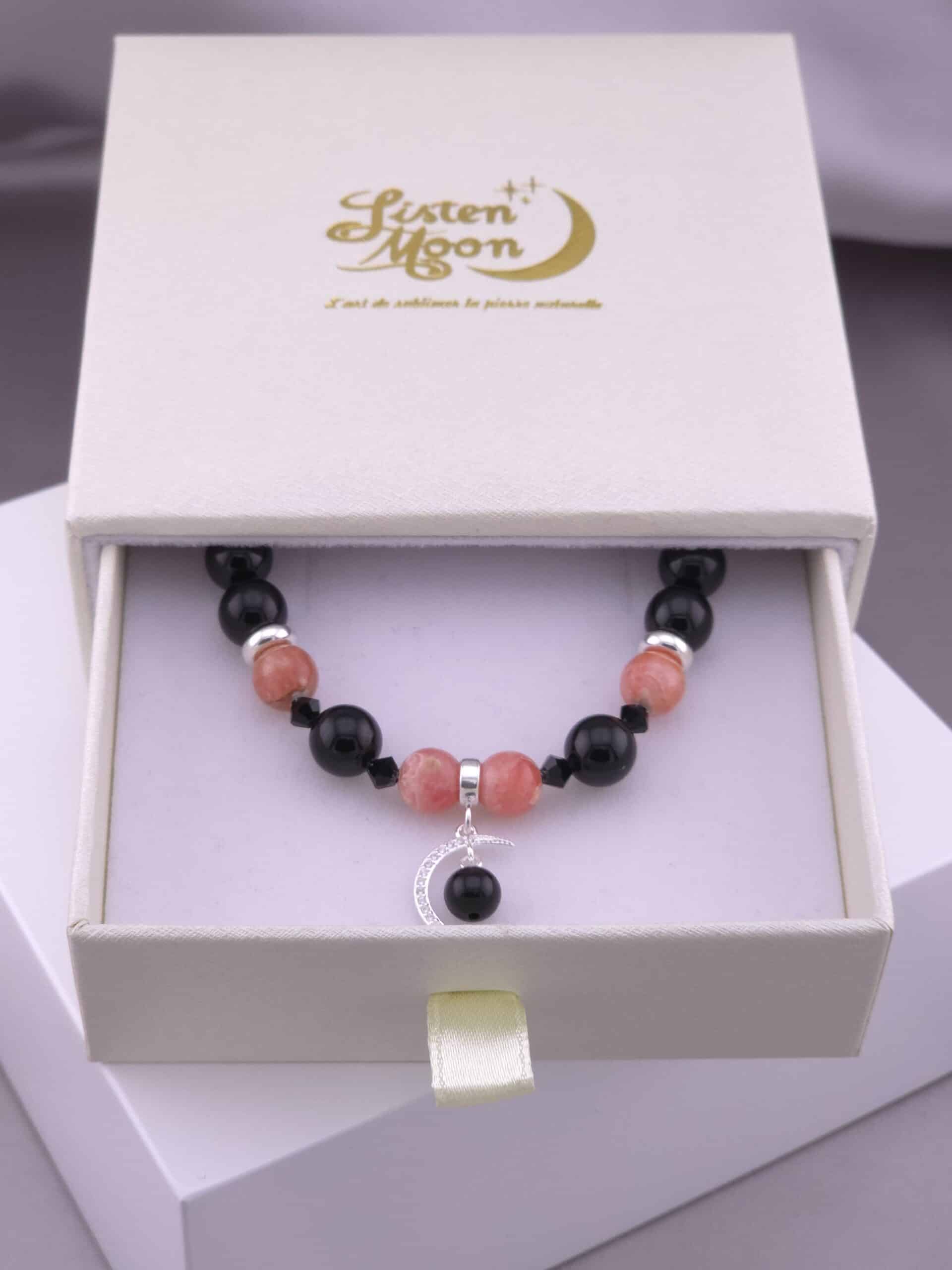 Bracelet en Argent 925, Tourmaline et Rhodochrosite, Perles en Cristaux et Breloque Lune Strass