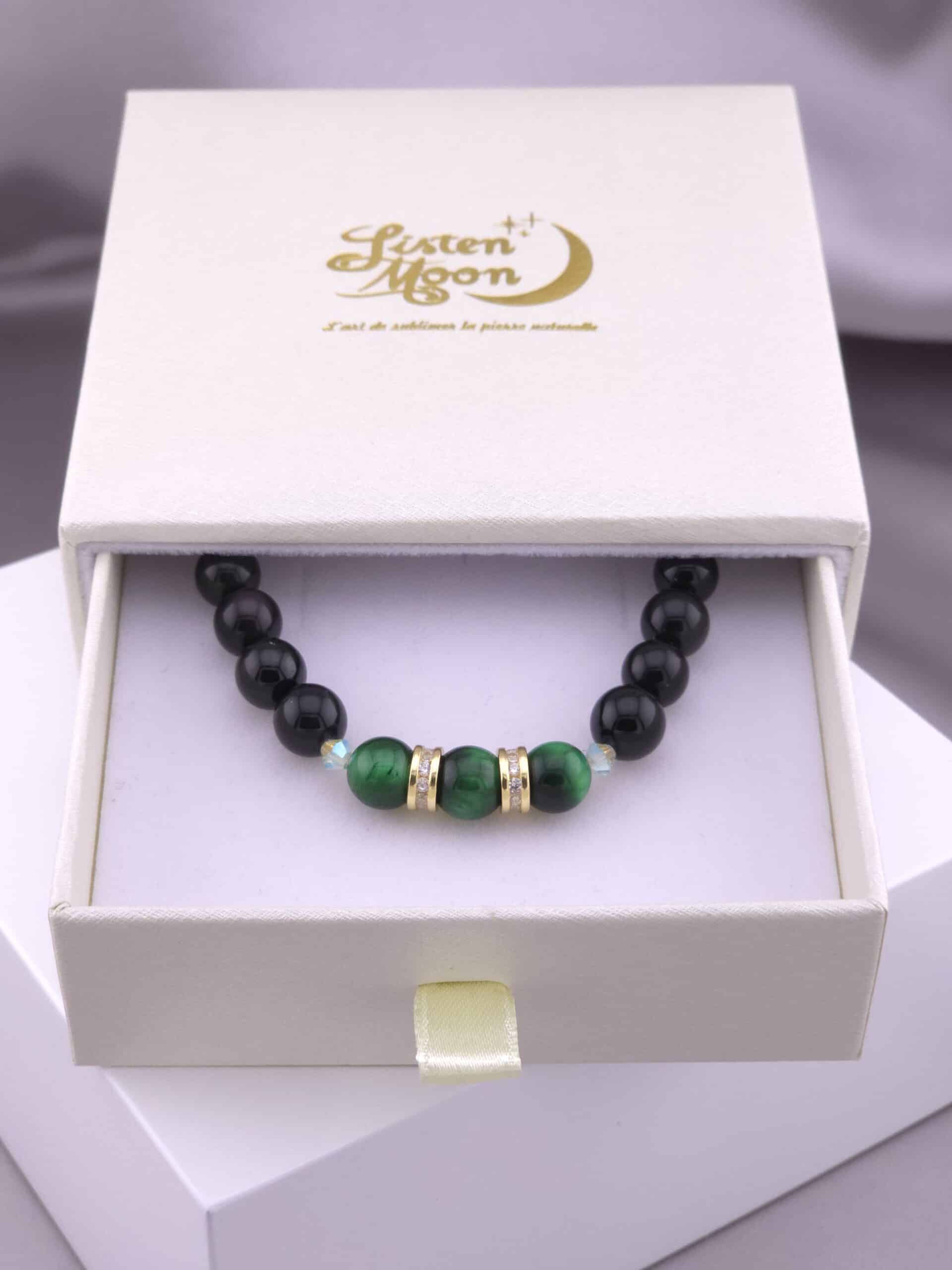 Bracelet en Argent 925 Doré à l’Or Fin, Obsidienne Noire et Œil de Tigre Vert avec Perles en Cristaux