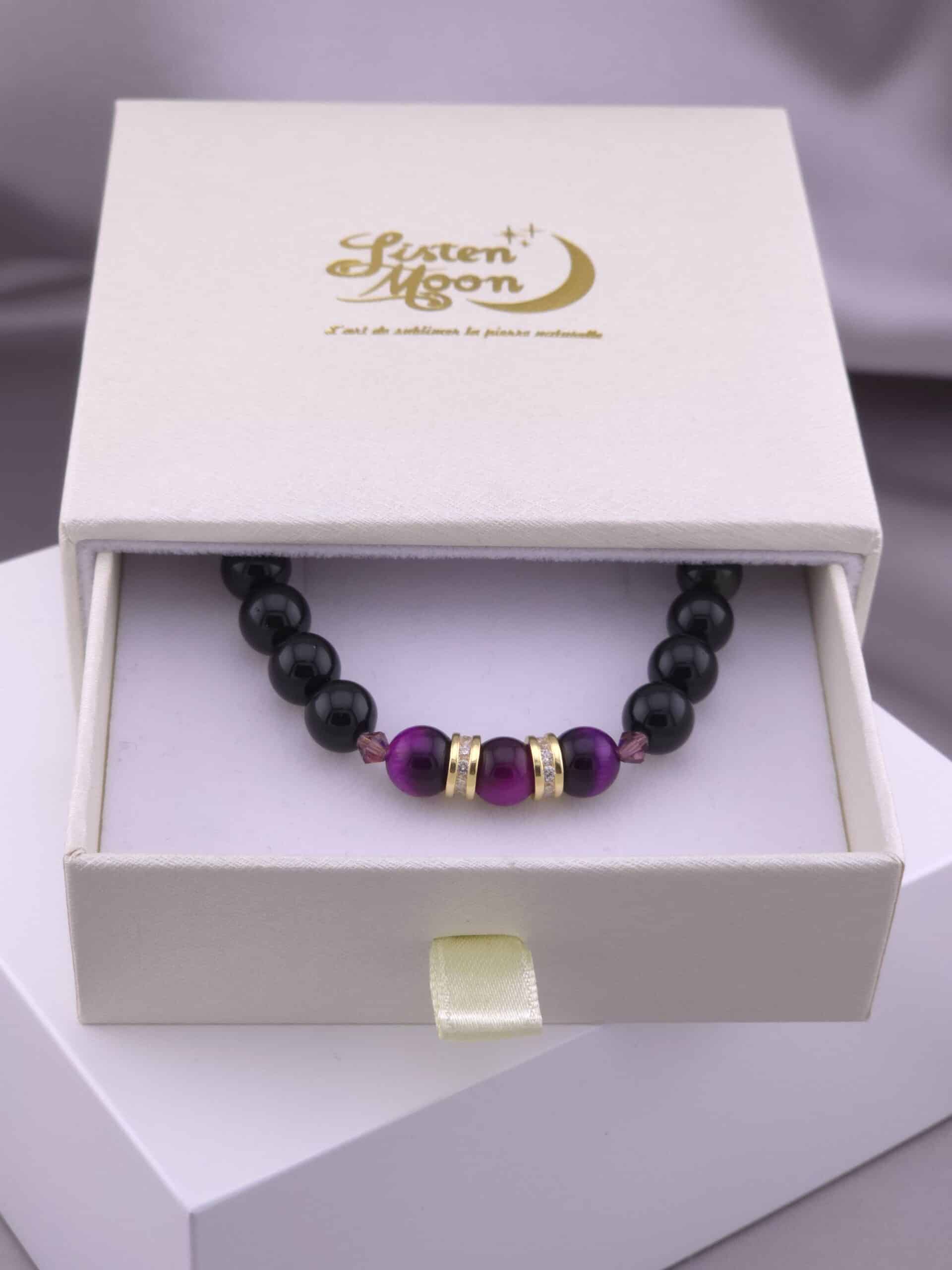 Bracelet en Argent 925 Doré à l’Or Fin, Obsidienne Noire et Œil de Tigre violet avec Perles en Cristaux