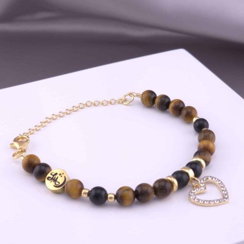 Bracelet Cœur Strass en Œil de tigre et Obsidienne noire