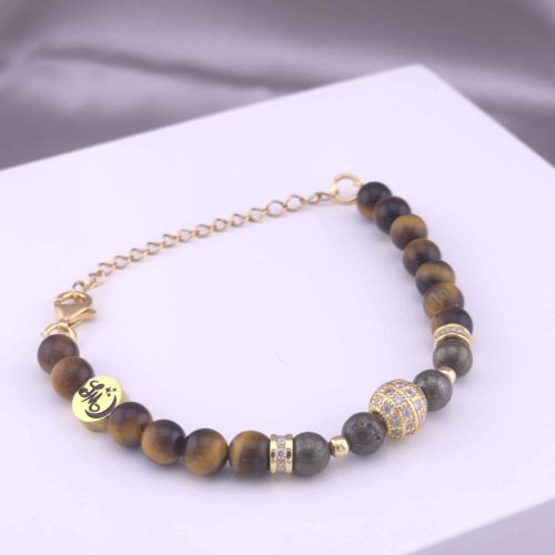 Bracelet Boule Strass en Œil de tigre et Pyrite
