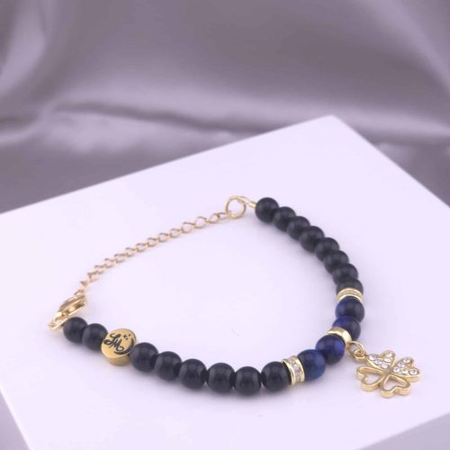 Bracelet Trèfle en Obsidienne noire et Œil de tigre bleu