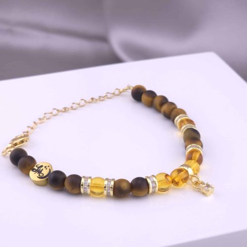 Bracelet Zircon en Œil de tigre dépoli et Ambre