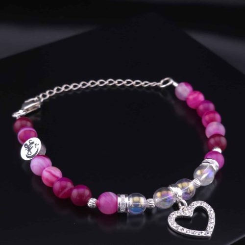 Bracelet Cœur Strass en Agate fuchsia et Aqua Aura
