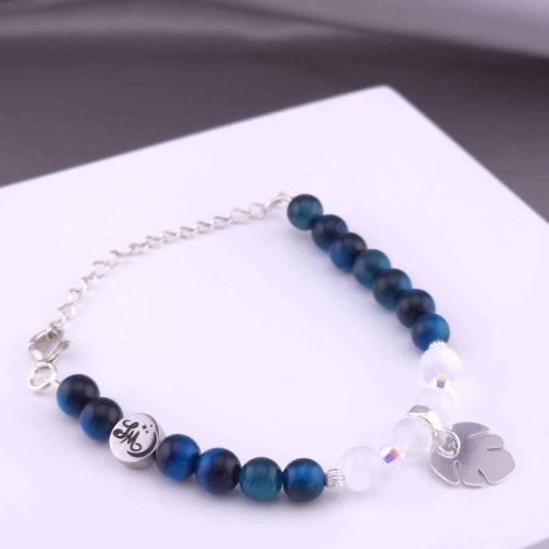Bracelet Monstera en Œil de tigre turquoise et Sélénite