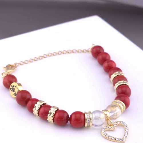 Bracelet Cœur Strass en Corail Rouge et Aqua Aura