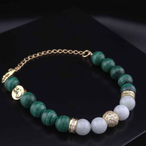 Bracelet Boule Strass en Malachite et Jade de Birmanie