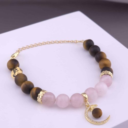 Bracelet Lune en Œil de tigre dépoli et Quartz rose