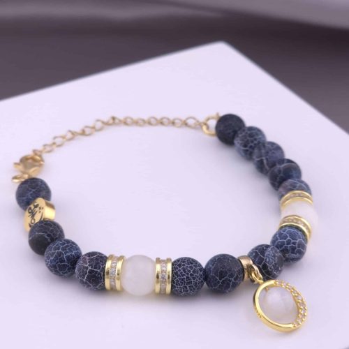 Bracelet Cercle Strass en Agate noire et Labradorite blanche