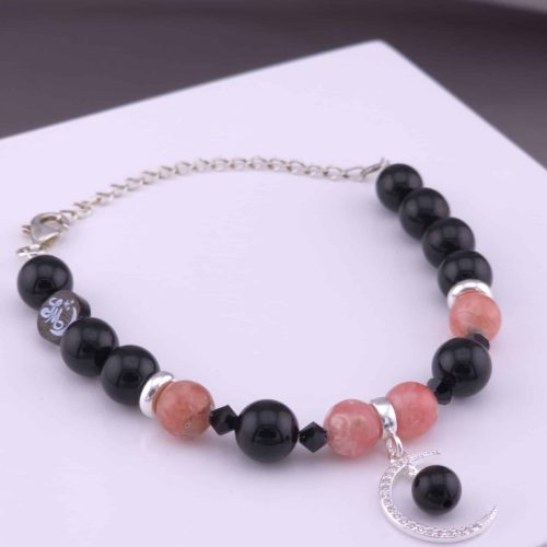Bracelet Lune en Tourmaline noire et Rhodochrosite