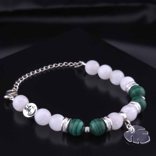 Bracelet Monstera en Labradorite blanche et Malachite